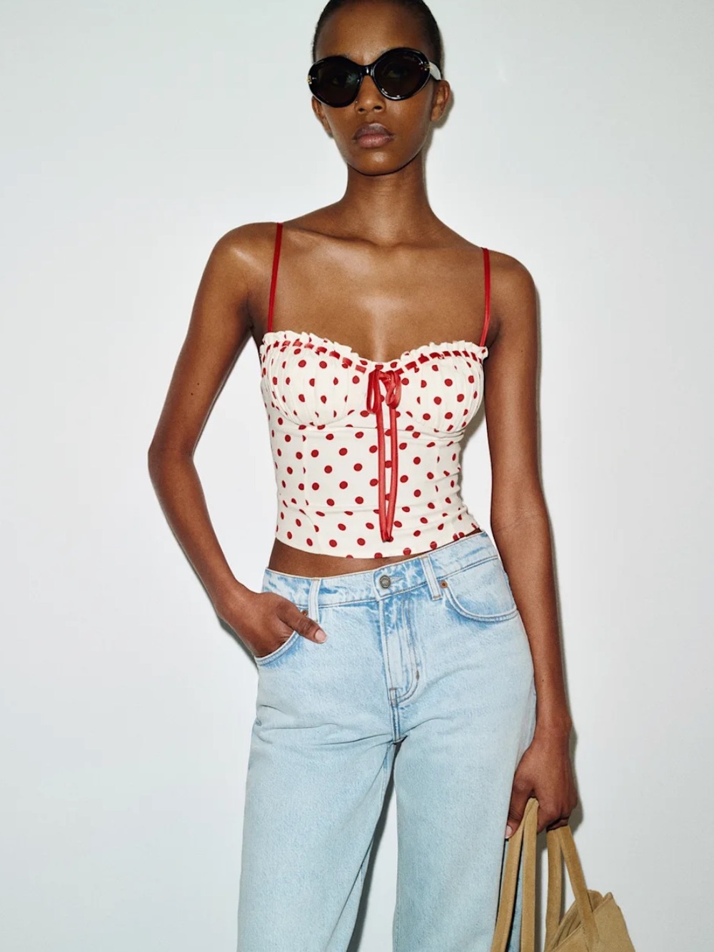 Reformation Cream Polka Dot Bustier Tank with Red Accents
